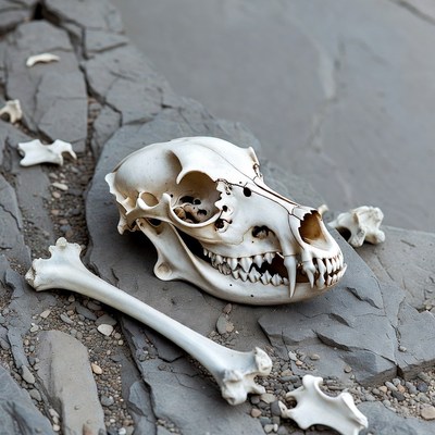 Coyote Skull with Bones on Rocks