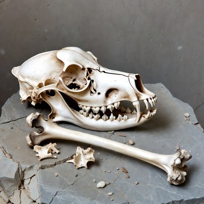 Coyote Skull with Bones on Gray Rock