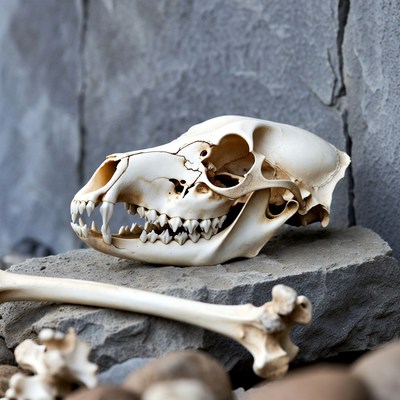 Dog Skull on Gray Rocks