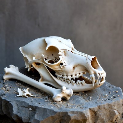 Dog Skull with Bones on Rock