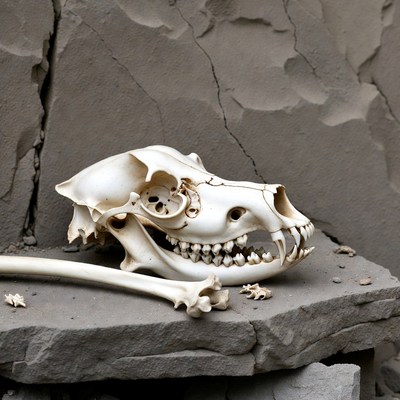 Coyote Skull with Bone on Rock