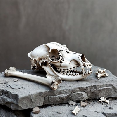 Dog Skull with Bones on Rock