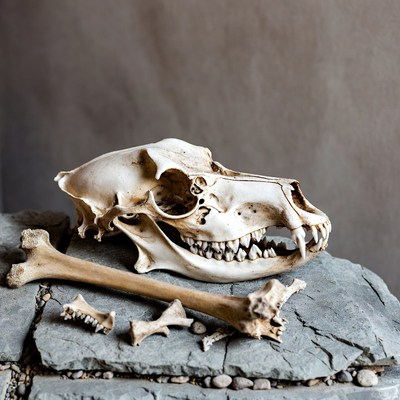 Coyote Skull with Bones on Rock