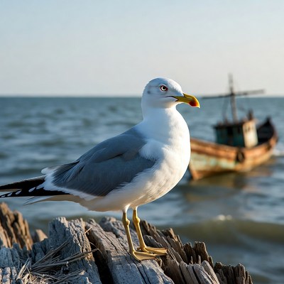 Seagull on pier with old fishing boat