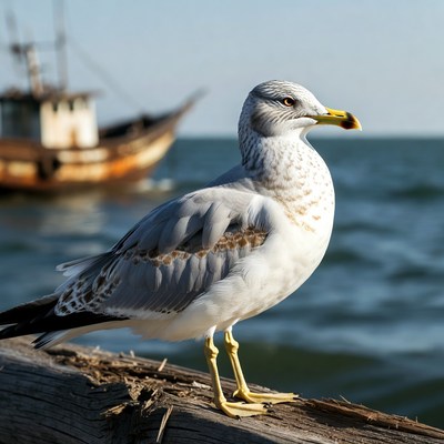 Gull standing on wooden pier