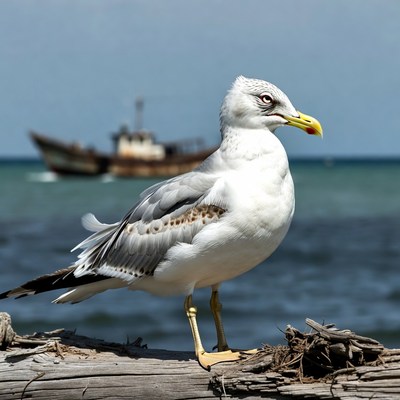Seagull standing on driftwood by sea