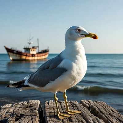 Seagull on pier with fishing boat