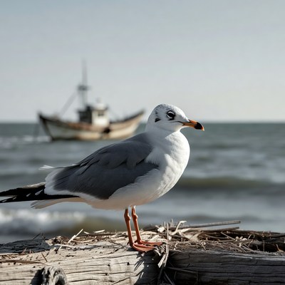 Seagull on driftwood with fishing boat