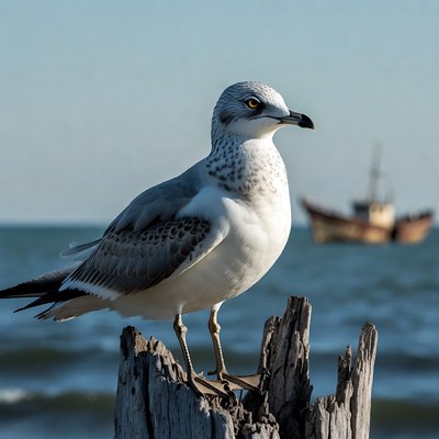 Seagull perched on driftwood by sea