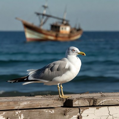 Seagull on pier with fishing boat