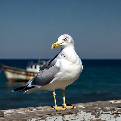 Seagull on pier with boat