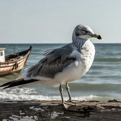 Gull standing on wood by sea