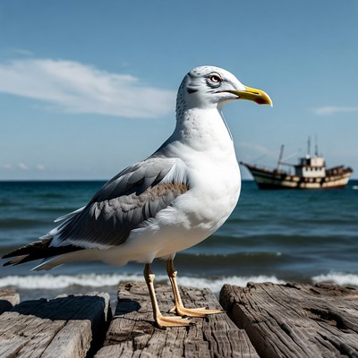 Gull standing on pier by ship