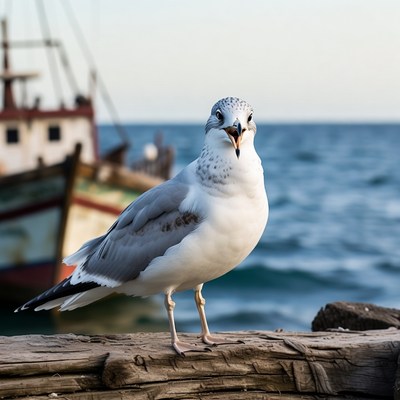 Seagull on dock with boat
