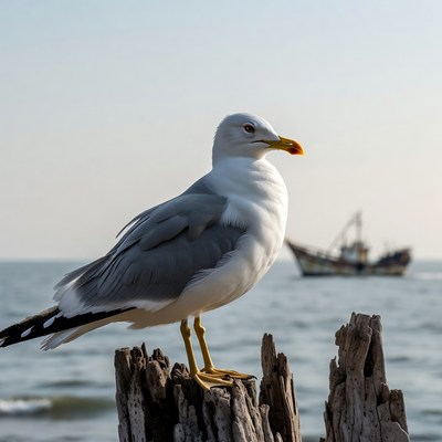 Seagull standing on driftwood by sea