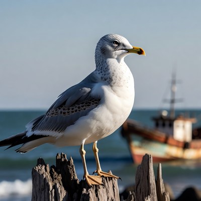 Seagull perched on driftwood by shipwreck