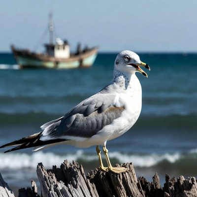 Seagull on driftwood with fishing boat