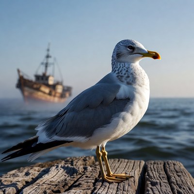 Gull standing on pier with shipwreck