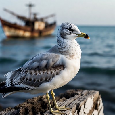 Seagull on wood with shipwreck background