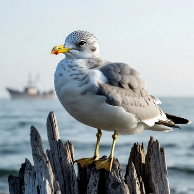 Gull perched on driftwood by ocean