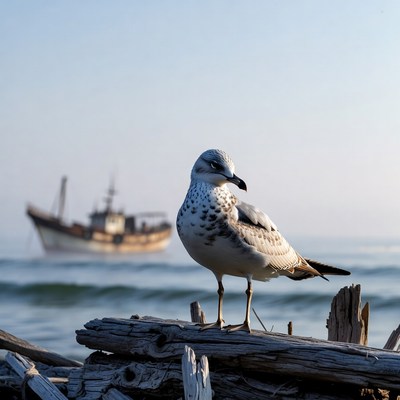 Seagull on driftwood with fishing boat