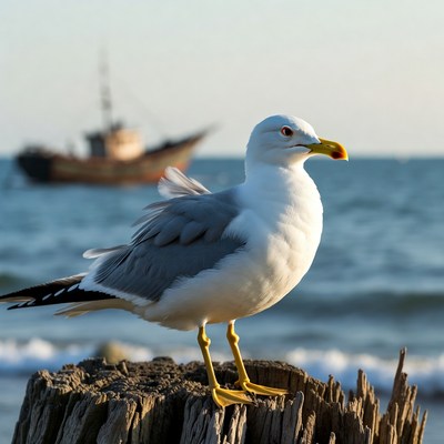 Gull standing on driftwood by sea