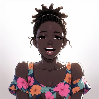 African-American woman laughing in floral dress