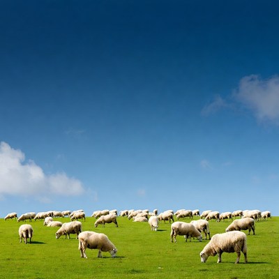 Herd of sheep grazing on green hill