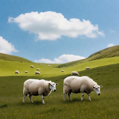 Sheep grazing in green hillside field