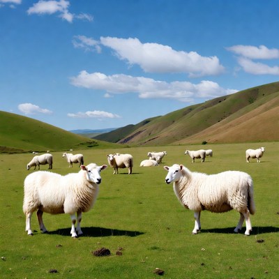 Sheep grazing green hillside valley