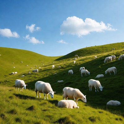 Sheep grazing on green hills