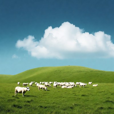 White sheep grazing on green hill
