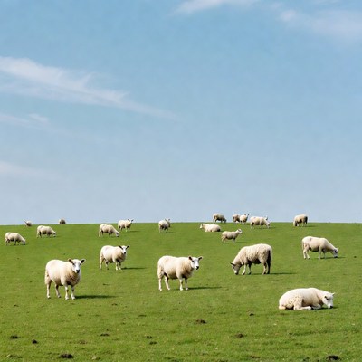 Herd of sheep grazing on green hill