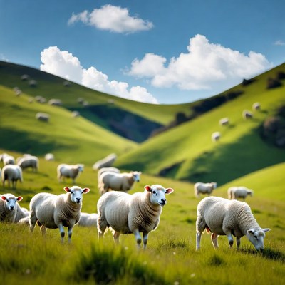 Sheep grazing green hillside meadow