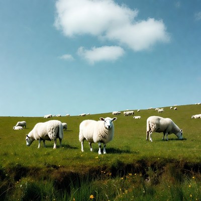 Sheep grazing on green hillside