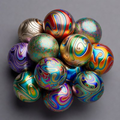 Colorful Iridescent Marbles on Gray Background