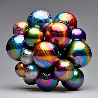 Cluster of colorful iridescent marbles
