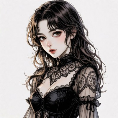 Anime girl in black lace dress