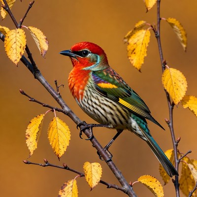 Colorful bird on autumn branch