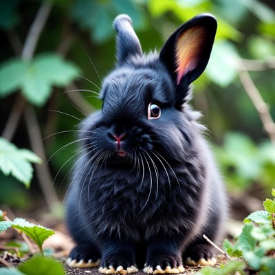 Black bunny rabbit in green leaves