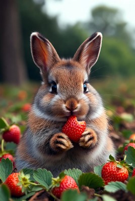 Rabbit eating strawberry in field