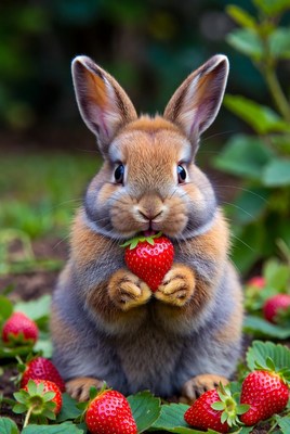 Rabbit eating strawberry