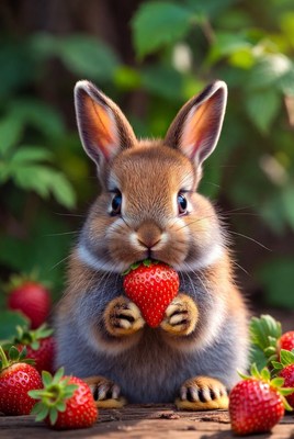 Cute bunny eating strawberry