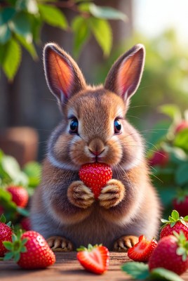 Cute bunny eating strawberry