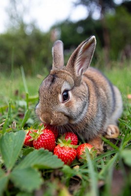 Rabbit eating strawberries in grass