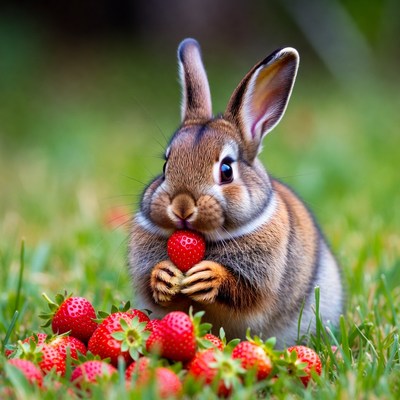 Rabbit eating strawberry