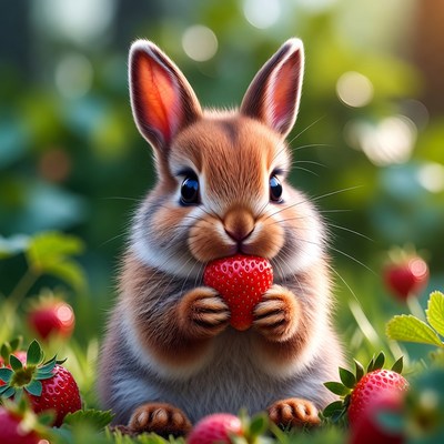 Cute bunny eating strawberry