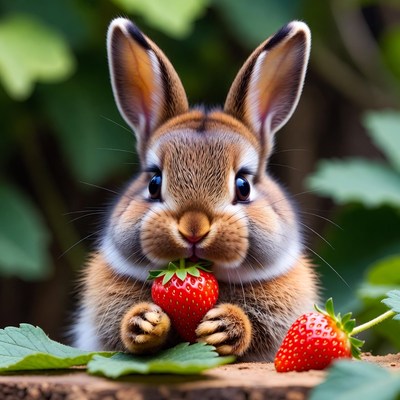 Cute bunny eating strawberry