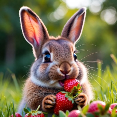 Rabbit eating strawberry