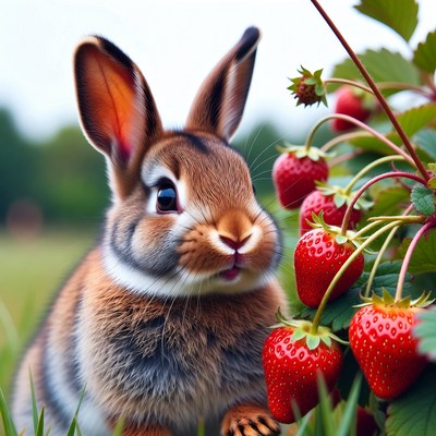 Cute bunny eating strawberries